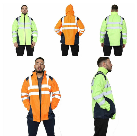 Hi Vis Rain Jacket Mens High Visibility Waterproof Reflective Tape Band Safety Zipper Hooded Top Lightweight Sizes S to 5XL