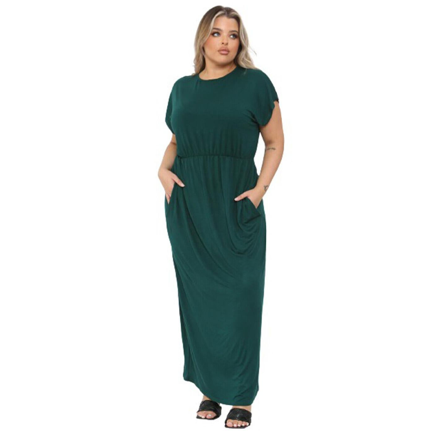 LADIES SHORT SLEEVE FULL LENGTH 2 POCKET WOMEN'S LONG MAXI DRESS PLUS SIZE UK Casual Fabric Jersey Soft Summer Womenswear Comfortable Longline