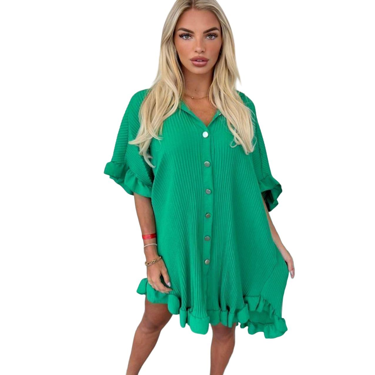 LUXE DIVA Women's Ladies Gold Button Pleated Frill Summer Shirt Swing Smock Mini Dress Top