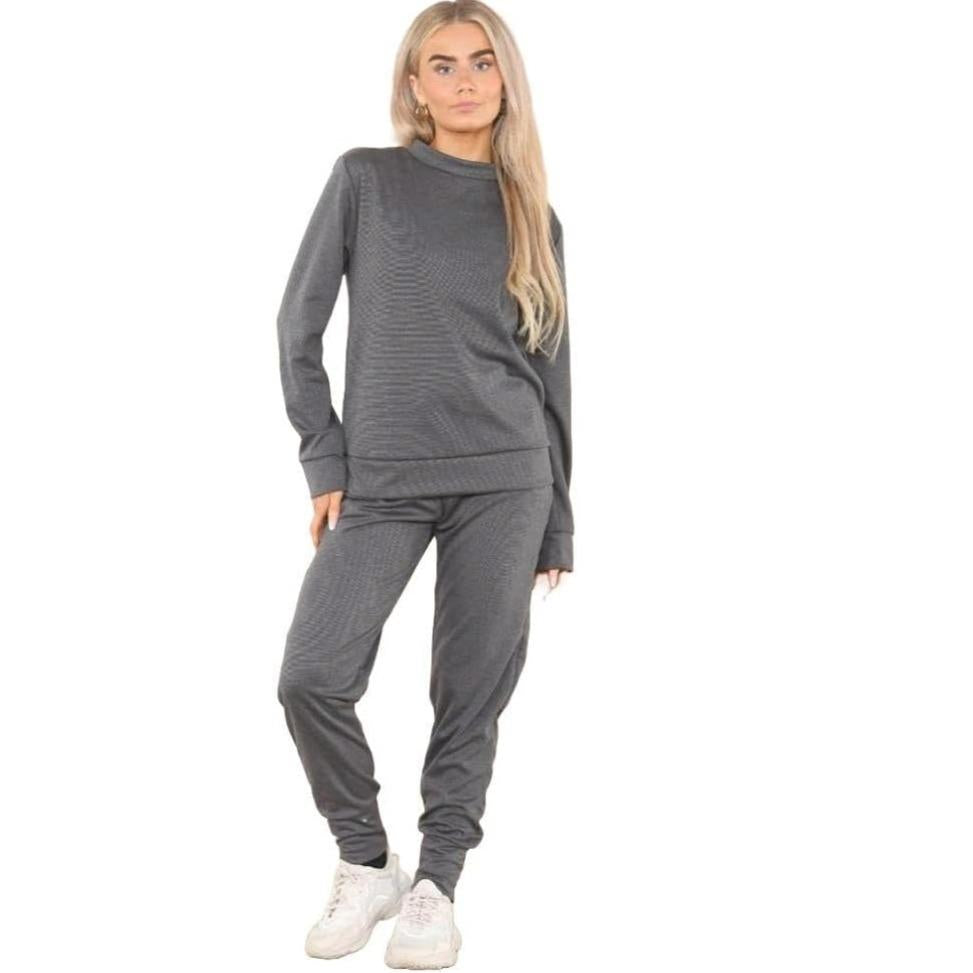 LUXE DIVA Ladies Plain Tracksuit Solid Round Neck Sweatshirts Joggers Slim Fit Activewear Size 8-22