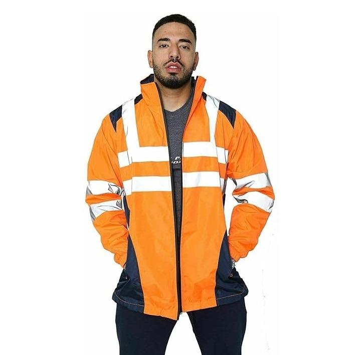 Hi Vis Rain Jacket Mens High Visibility Waterproof Reflective Tape Band Safety Zipper Hooded Top Lightweight Sizes S to 5XL