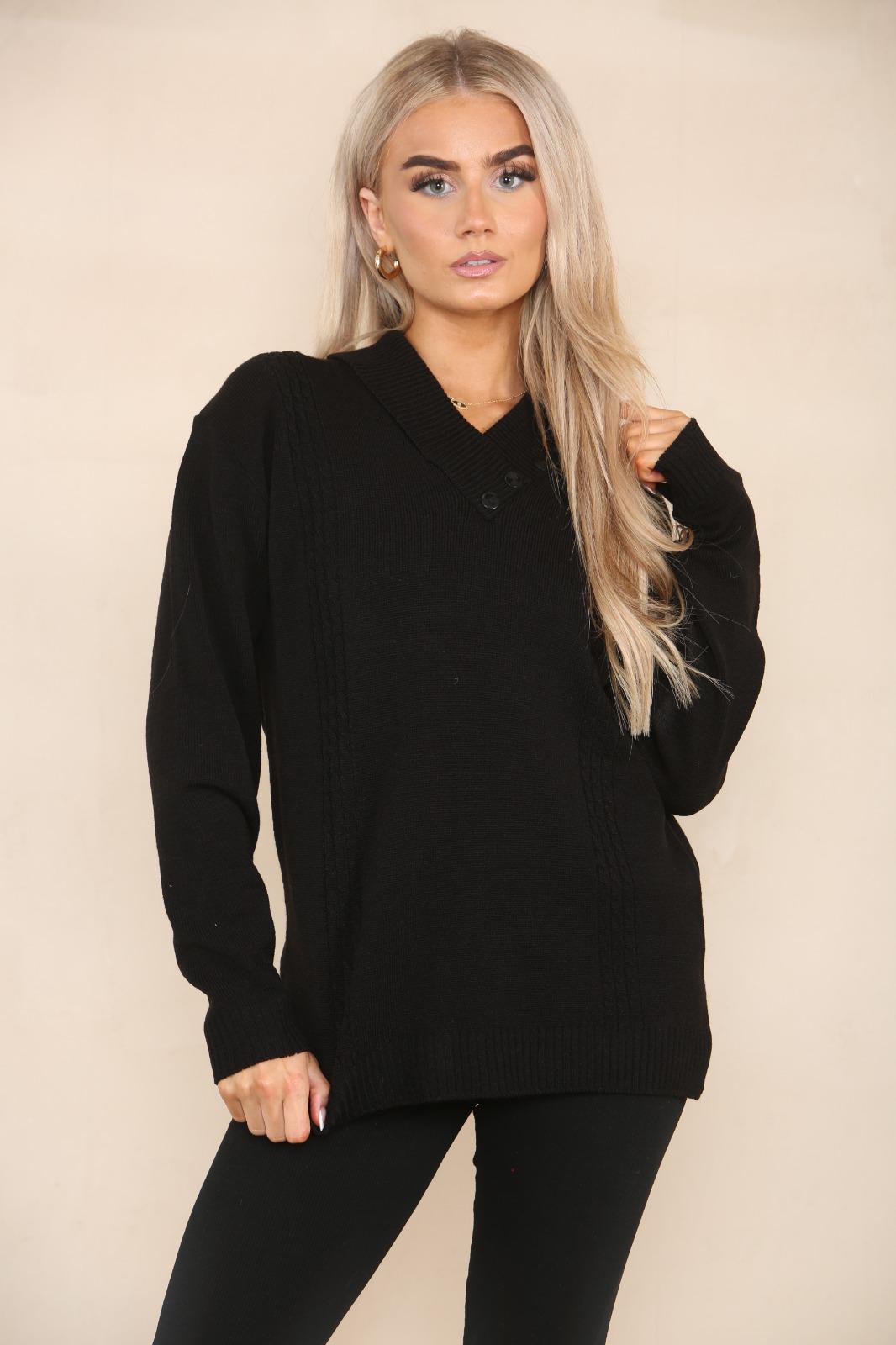 LADIES LONG SLEEVE KNITTED JUMPER VNECK SHAWN COLLAR WITH 4 BUTTONS