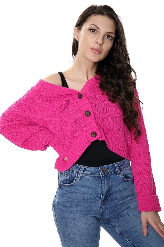 NEW Women's Chunky Cable Knitted Cardigan 3 Button Long Sleeves Crop Top Short