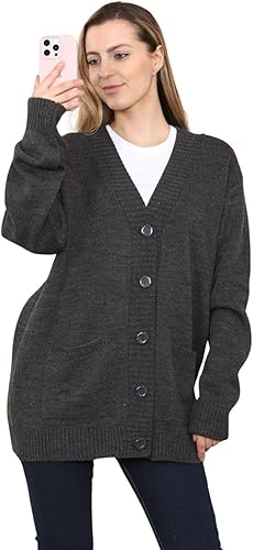 LADIES WOMENS PLAIN V NECK 5 BUTTON LONGLINE OVERSIZE LOOSE FIT KNITTED CARDIGAN