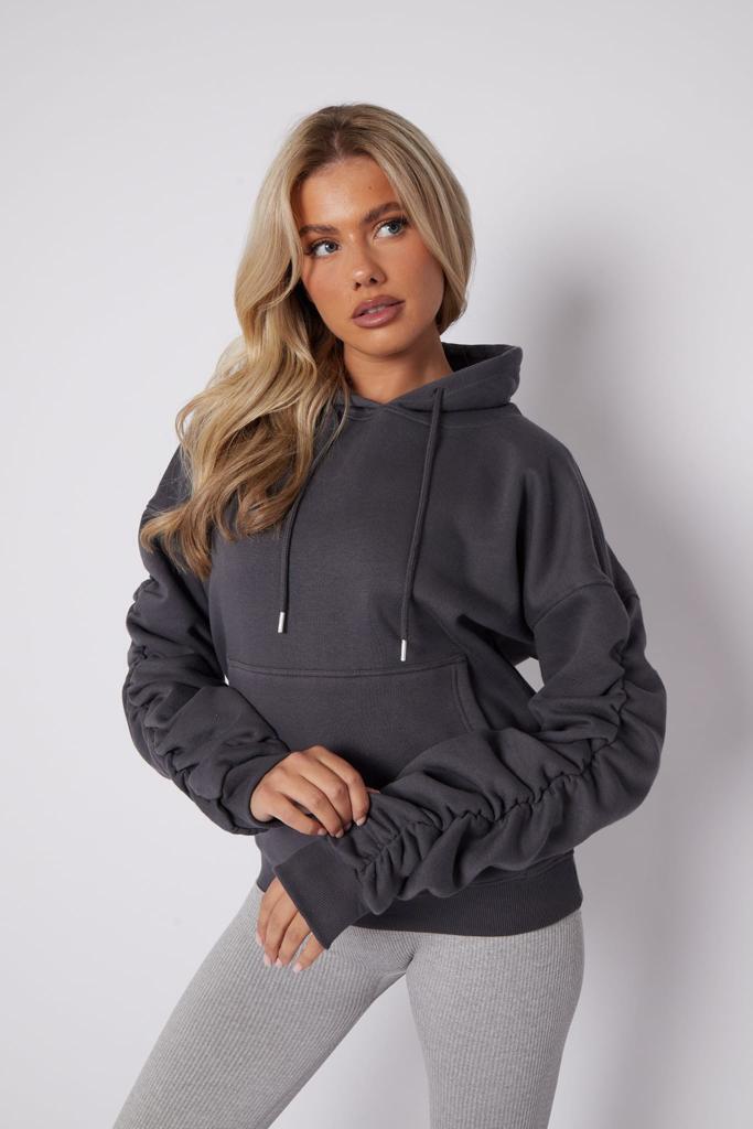 Ladies Ruched Sleeve Fleece Oversized Hooded Sweatshirt Hoodie Womens Top Jumper