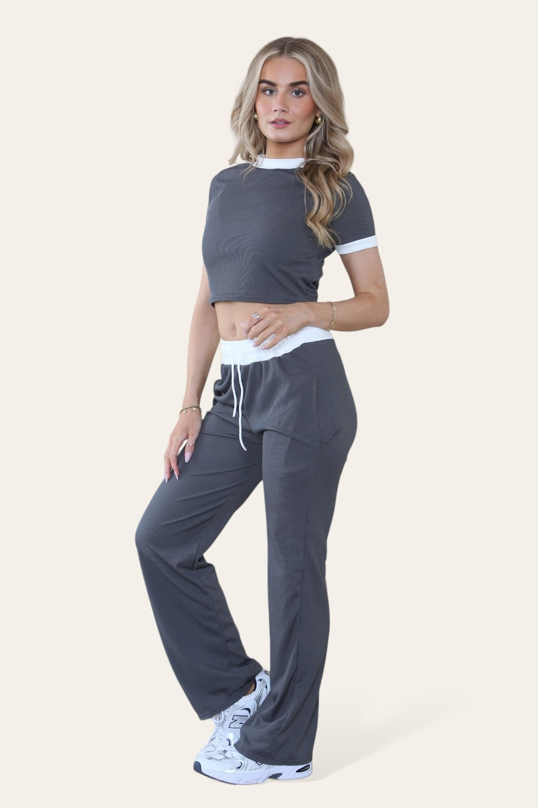 LUXEDIVA Cap Sleeve Crop Top White Stripe Contrast Pocket White Hem Draw String Trouser Set Tracksuit