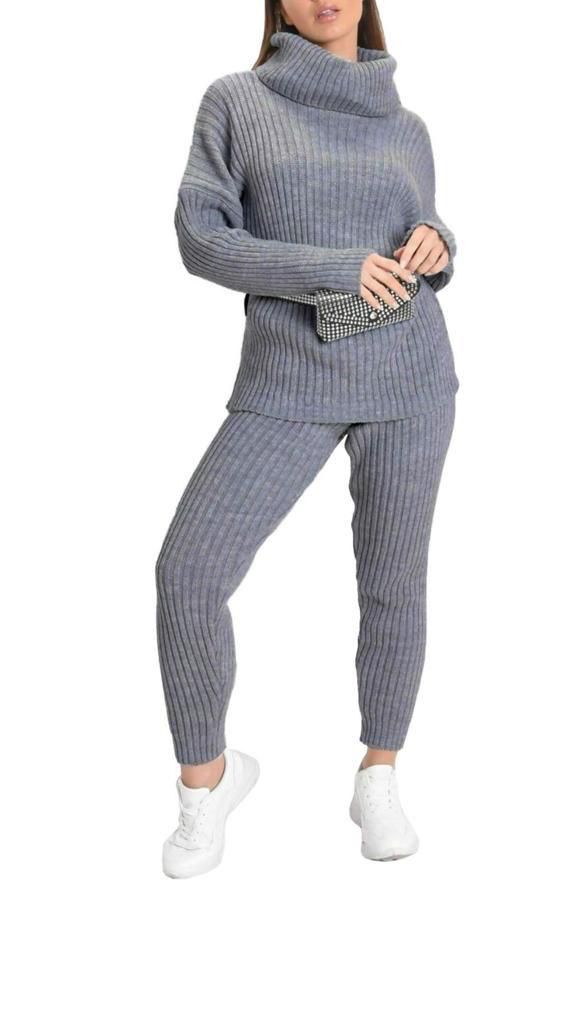 LUXE DIVA Ladies Chunky Cable Knitted Polo High Neck Top Leggings Lounge wear Suit Set