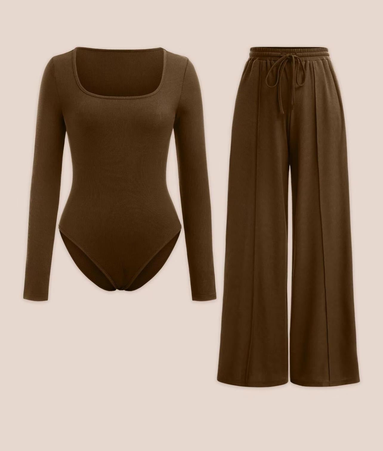 LUXE DIVA Ladies scoop neck Ribbed Long sleeve bodysuit & elasticated wide leg trouser two piece set