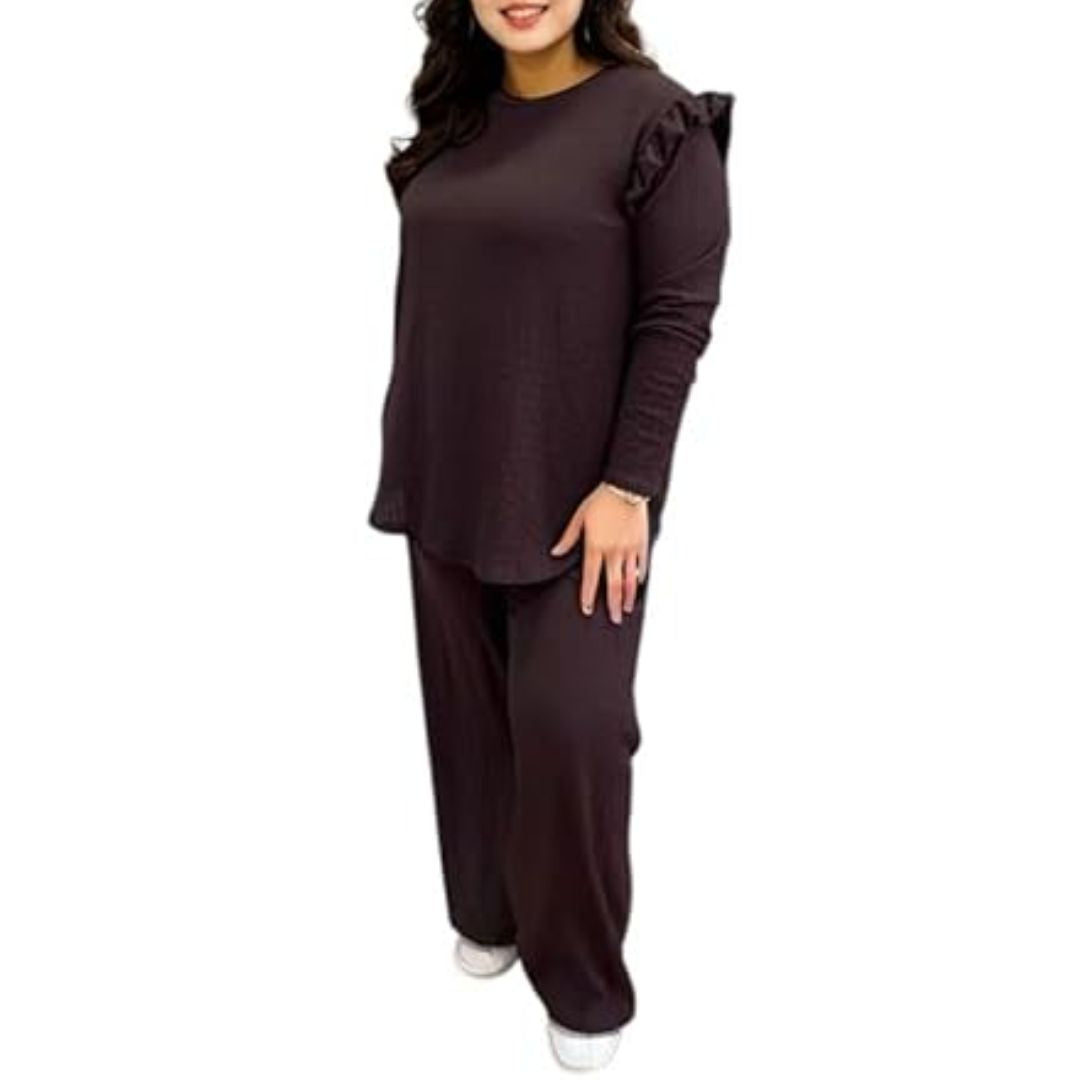 LUXE DIVA Ladies Frill arm Long Sleeve 2pcs Women's Wide Flared Leggings Trouser Loungewear Suit