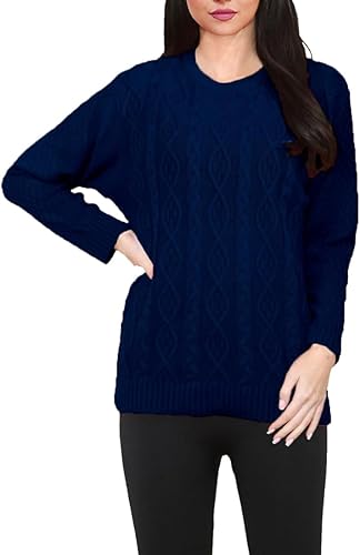 Ladies Women Round Neck Long Sleeve Knitted Cable Jumper Stretch Sweater Top