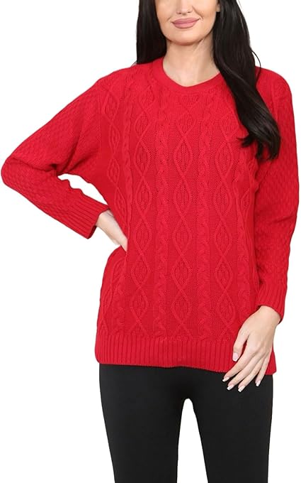 Ladies Women Round Neck Long Sleeve Knitted Cable Jumper Stretch Sweater Top