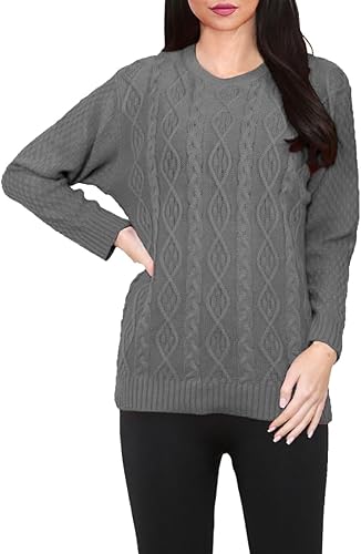 Ladies Women Round Neck Long Sleeve Knitted Cable Jumper Stretch Sweater Top