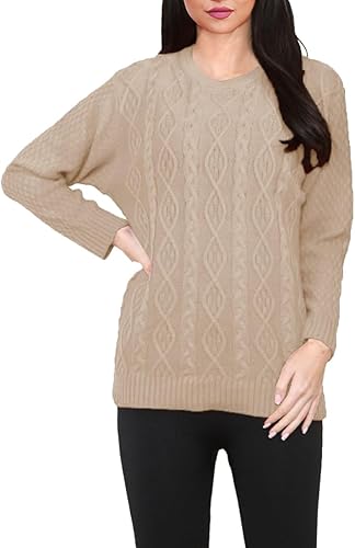 Ladies Women Round Neck Long Sleeve Knitted Cable Jumper Stretch Sweater Top