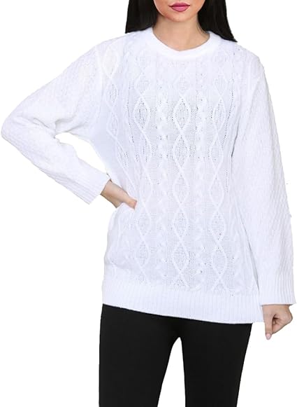 Ladies Women Round Neck Long Sleeve Knitted Cable Jumper Stretch Sweater Top