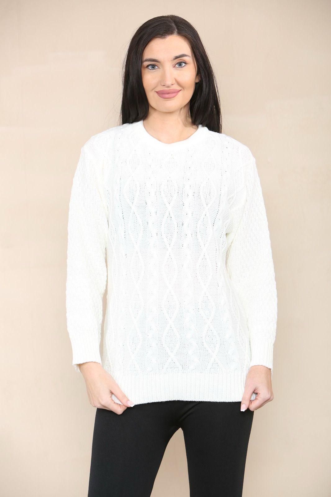 LUXE DIVA LADIES ROUND NECK LONG SLEEVE KNITTED JUMPER SELF PATTERN WITH DIAMOND ALL WAY DOWN CABLE KNIT