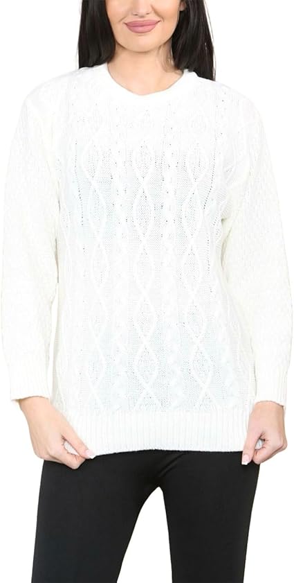 Ladies Women Round Neck Long Sleeve Knitted Cable Jumper Stretch Sweater Top