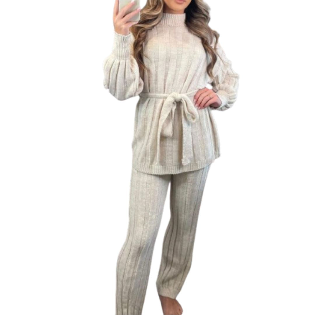 LUXE DIVA Womens Ladies Chunky Knitted High Roll Bottoms Set Loungewear Suit Tracksuit