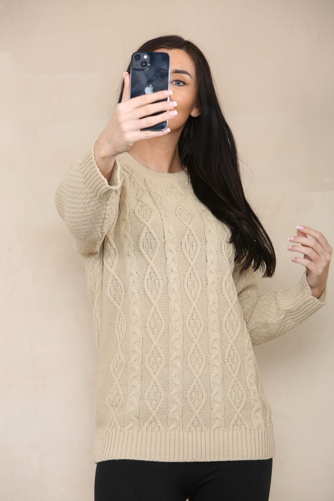 LUXE DIVA LADIES ROUND NECK LONG SLEEVE KNITTED JUMPER SELF PATTERN WITH DIAMOND ALL WAY DOWN CABLE KNIT