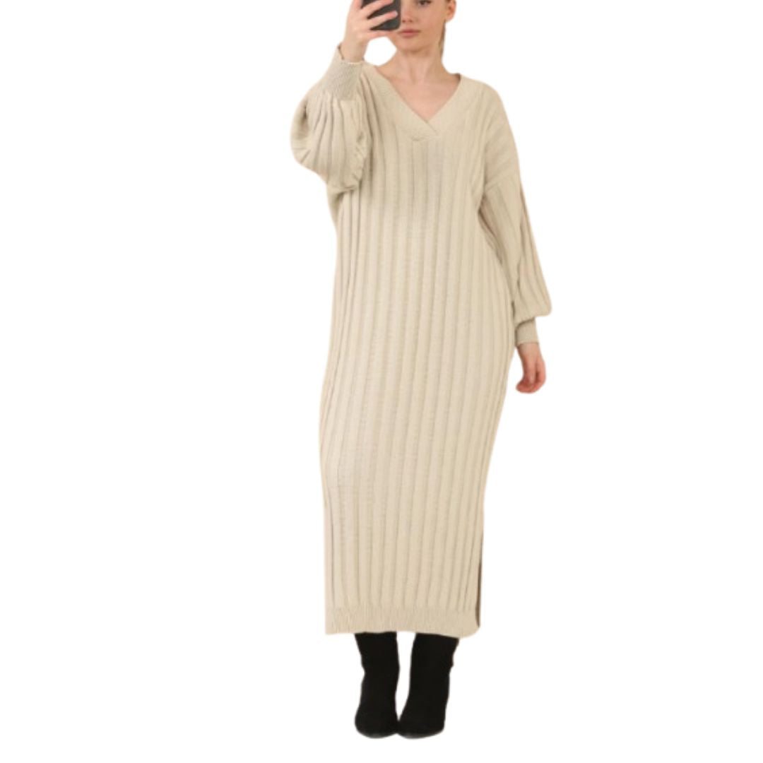 LUXE DIVA LADIES V Neck HIGH FUNNEL NECK LONG MAXI LENGTH KNITTED DRESS NOW IN STOCK