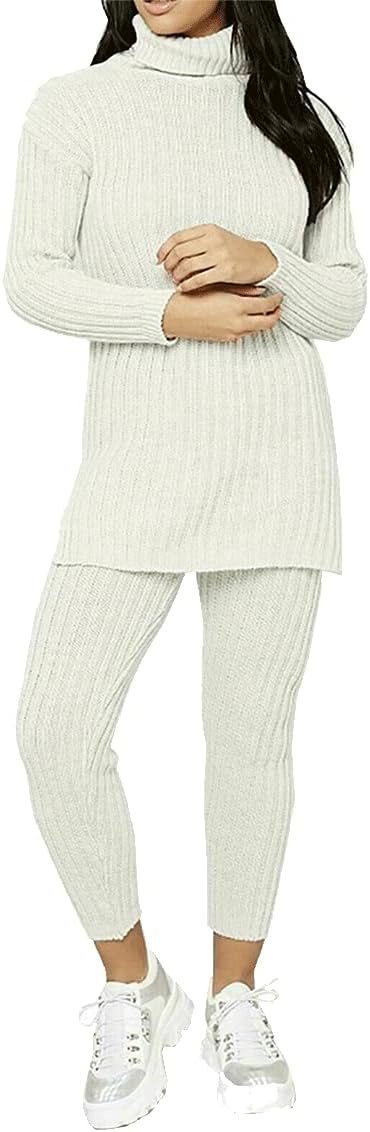 Ladies chunky knitted Ribbed polo high neck top leggings loungewear suit set