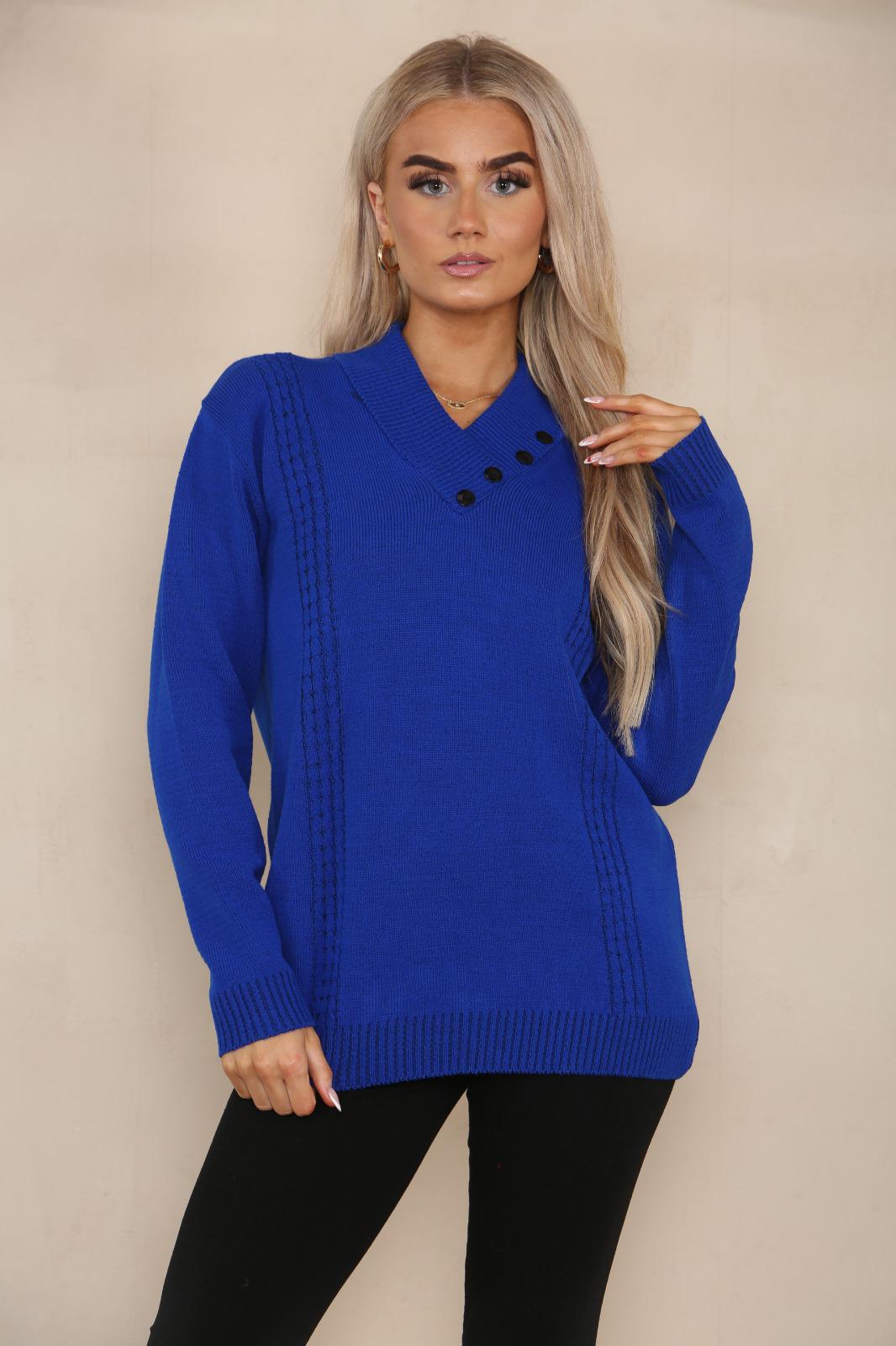 LADIES LONG SLEEVE KNITTED JUMPER VNECK SHAWN COLLAR WITH 4 BUTTONS