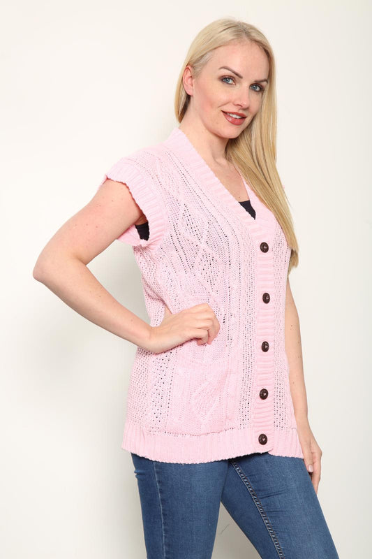 LADIES SLEEVELESS 5 BUTTON WAISTCOAT KNITTED 2 POCKETS V/NECK SELF COLOUR KNITWEAR FRONT PATTERN W/COAT ALL YEAR ROUND WEAR