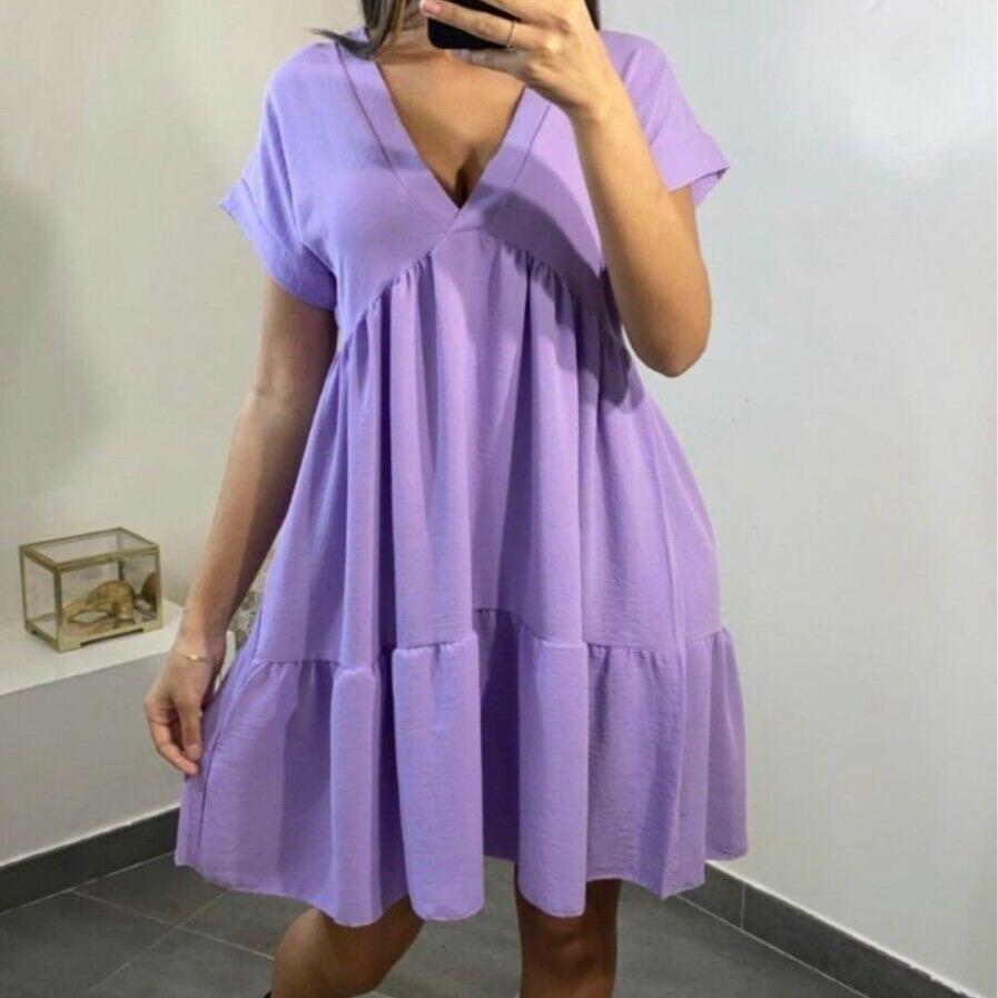 Women's V-Neck Frill Layered Pleated Summer Beach Smock Swing Mini Dress Top New Casual Fabric Short Womenswear Ladies Underwear Lady Casual Wear