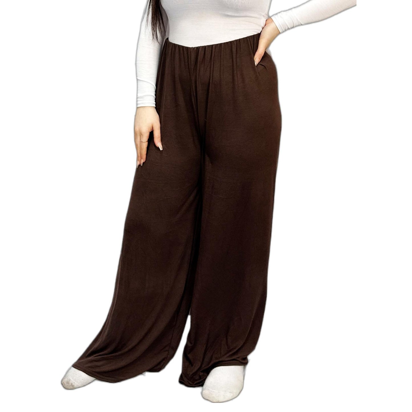 LUXE DIVA Ladies Palazzo Wide Leg Flared Elasticated Stretch Plus Size Plain Trousers 8-26