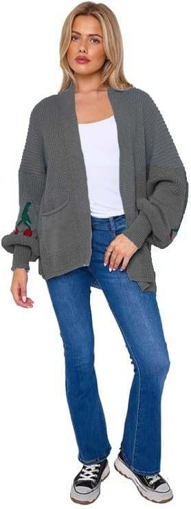 LUXE DIVA Womens Knitted Cherry Print Balloon Sleeves Cardigan