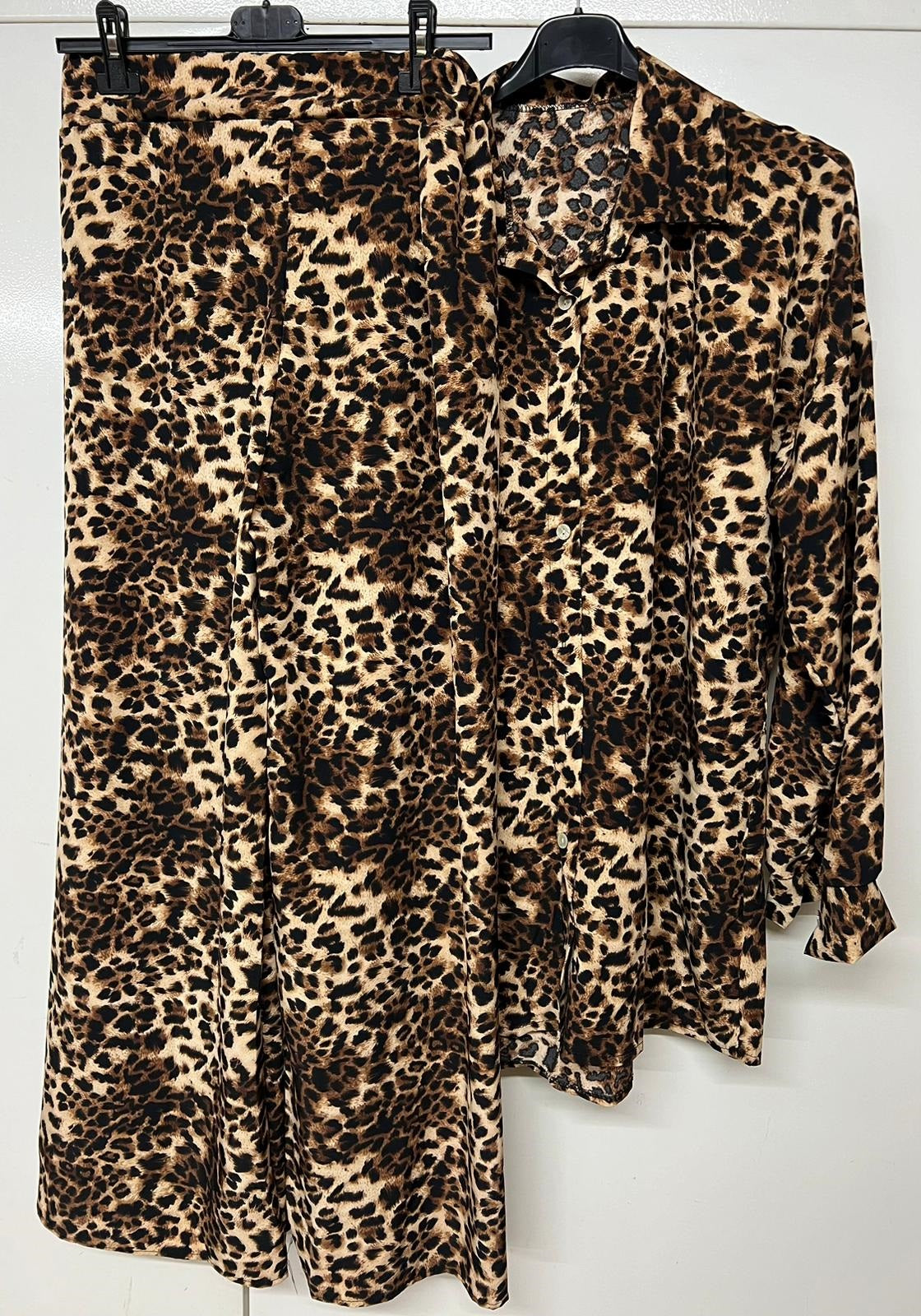 LUXE DIVA LADIES  2 PIECE BROWN LEOPARD NEW SUIT  SHIRT BLOUSE WITH WIDE LEG PLAZZO BOTTOMS