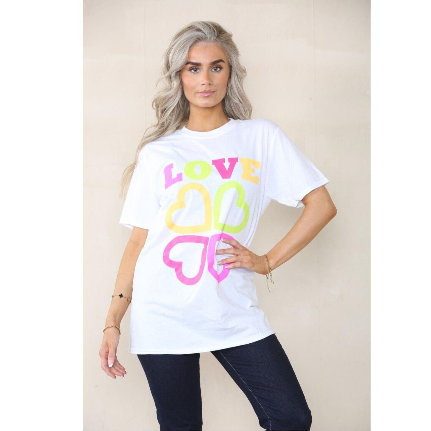 LUXE DIVA Women's Love 4 Heart Slogan Short Sleeve Oversized Baggy Summer T-Shirt Tops