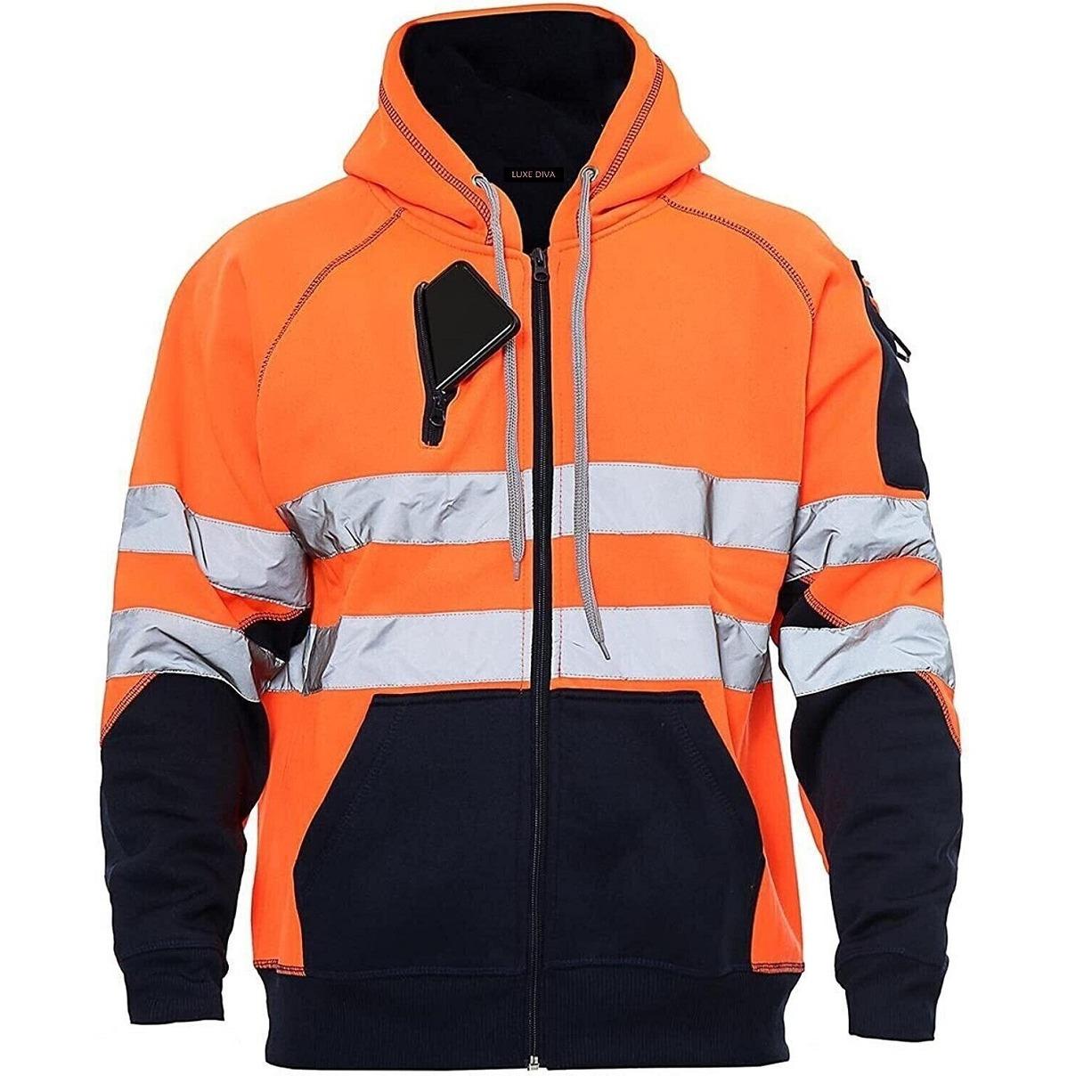 Hi Viz Vis High Visibility Jacket Hoodie Work 3 Zip Hooded SweatShirt Fleece Menswear Clothes Workwear Man Long Sleeve Top Comfy Longsleeves Underwear Uniforms