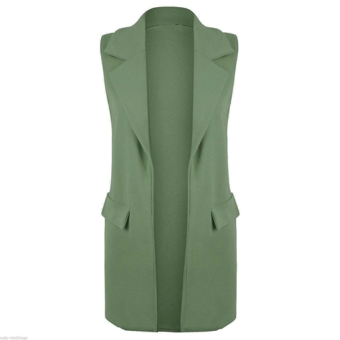 LUXE-DIVA New Womens Sleeveless Crepe Open Long Waistcoat Pocket Top Ladies Jacket 8-14 Collar Fabric Soft Womenswear Original Comfort