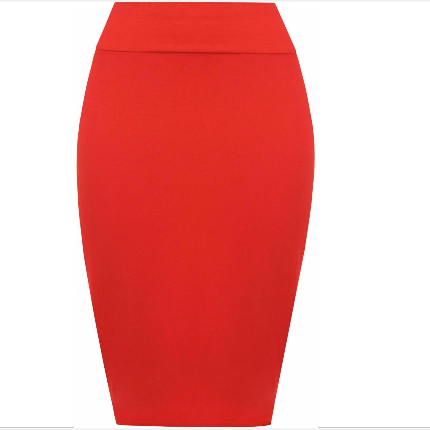 Womens Plain High Waisted Knee Length Bodycon Stretch Pencil Midi Skirt 8-14