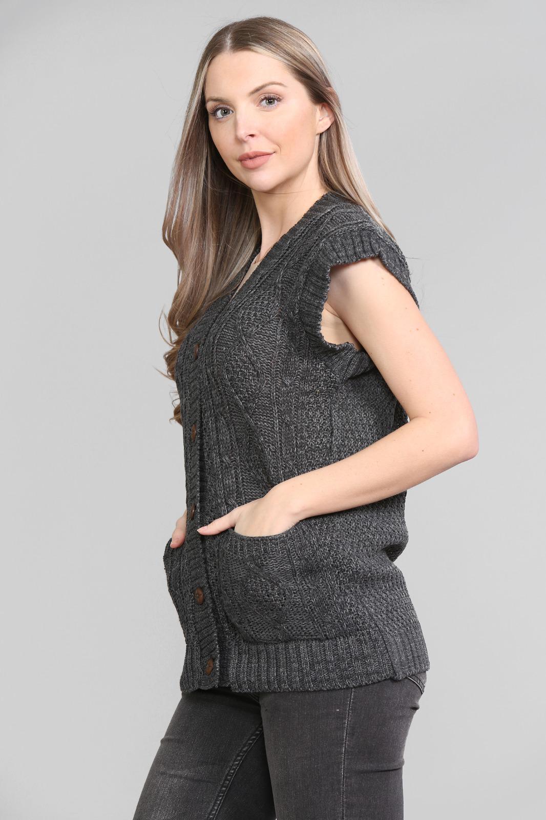 LADIES SLEEVELESS 5 BUTTON WAISTCOAT KNITTED 2 POCKETS V/NECK SELF COLOUR KNITWEAR FRONT PATTERN W/COAT ALL YEAR ROUND WEAR