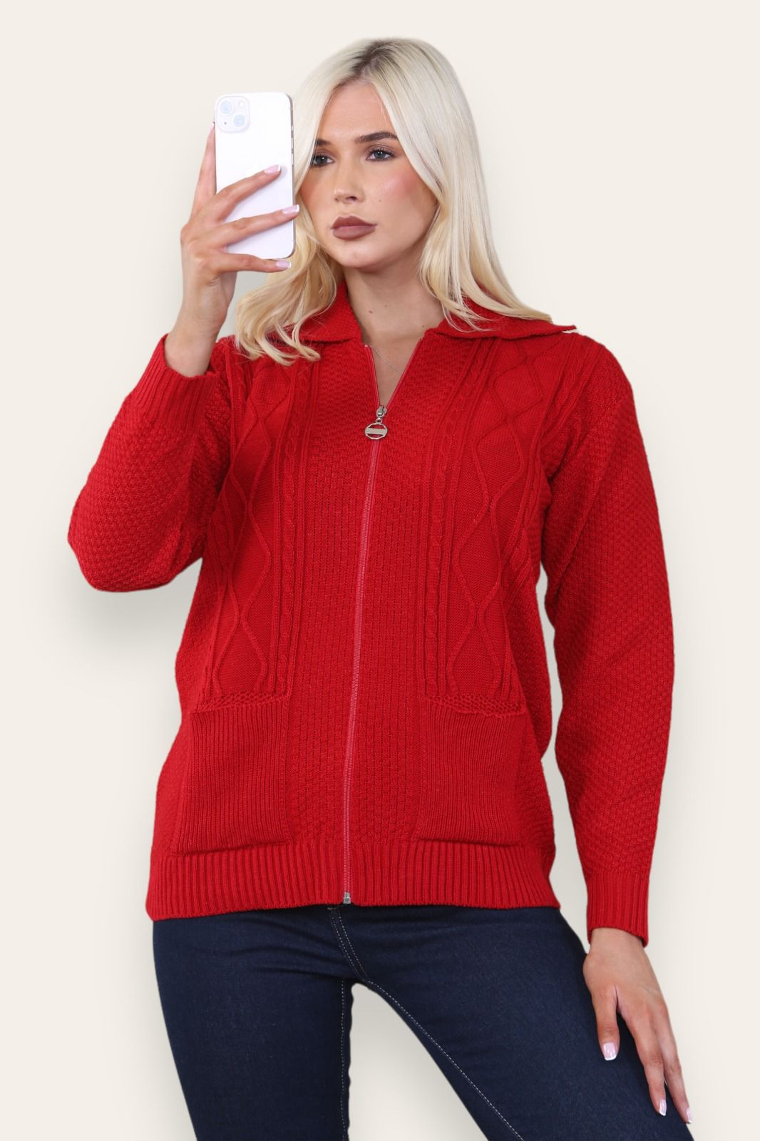 LUXE DIVA Womens Collar Zip Cable Knit Cardigan Ladies Long Sleeve Pullover Pocket Jumper