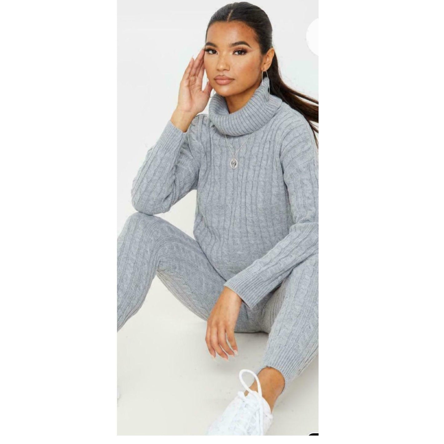 Ladies Women Chunky Cable Knitted Polo High Neck Top Legging Loungewear Suit Set