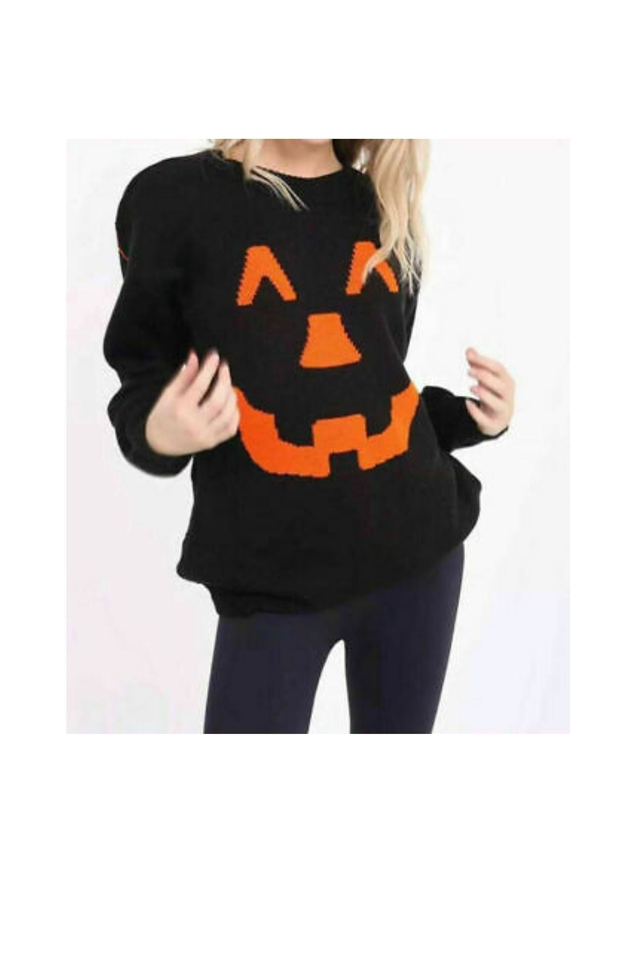 LUXE DIVA Pumpkin Face Knitted Halloween Jumper for Women in Black & Orange Round Neck Long Sleeve Top Women's Halloween Pumpkin Face Knitted Jumper Ladies Plus Size Sweater UK 8-22