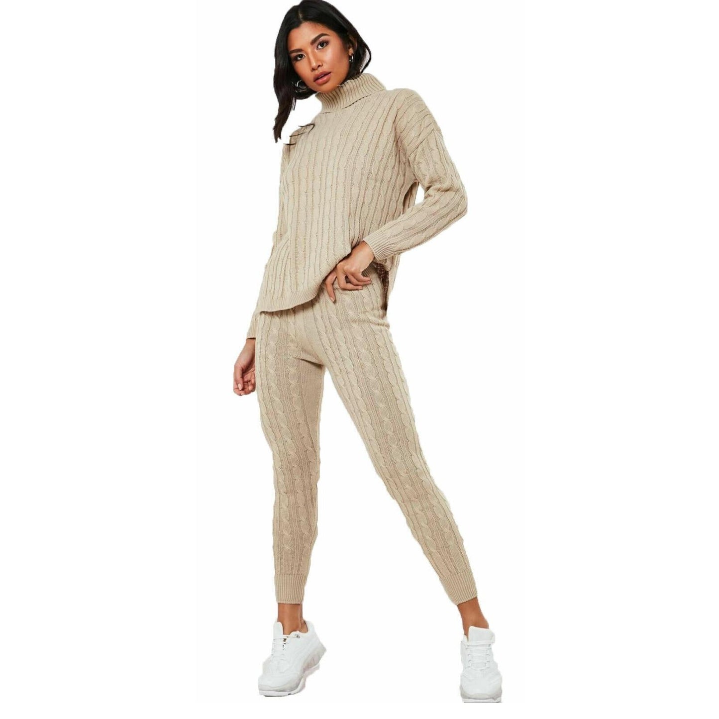 Ladies Women Chunky Cable Knitted Polo High Neck Top Legging Loungewear Suit Set