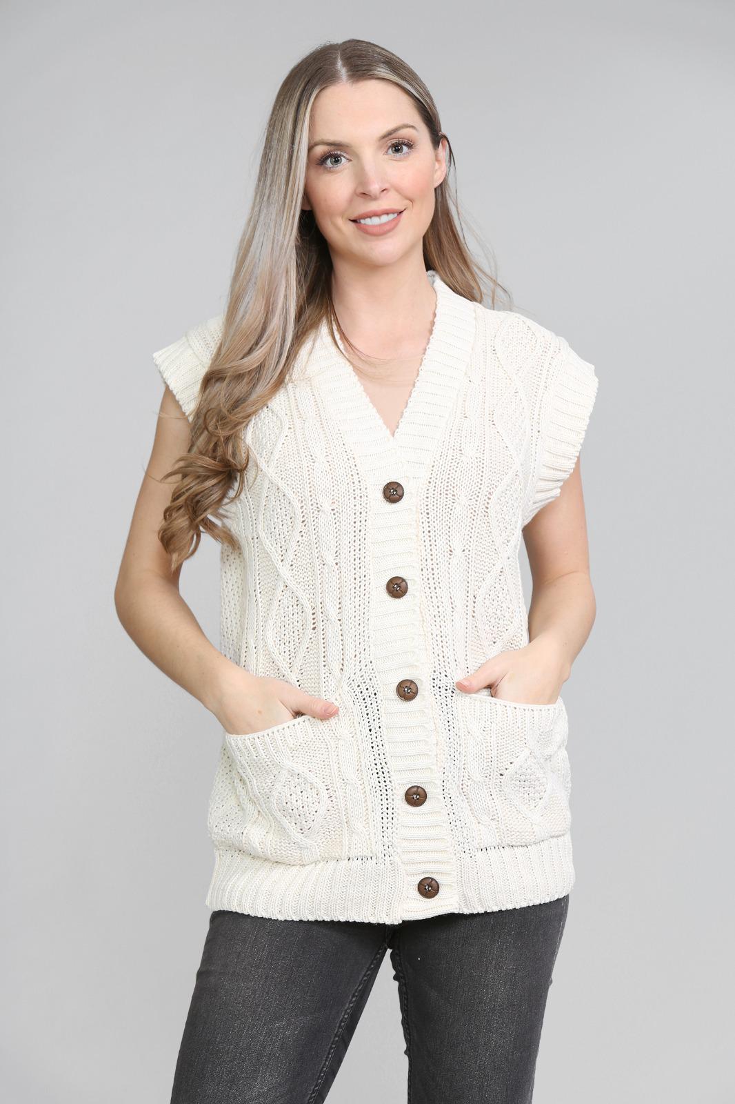 LADIES SLEEVELESS 5 BUTTON WAISTCOAT KNITTED 2 POCKETS V/NECK SELF COLOUR KNITWEAR FRONT PATTERN W/COAT ALL YEAR ROUND WEAR