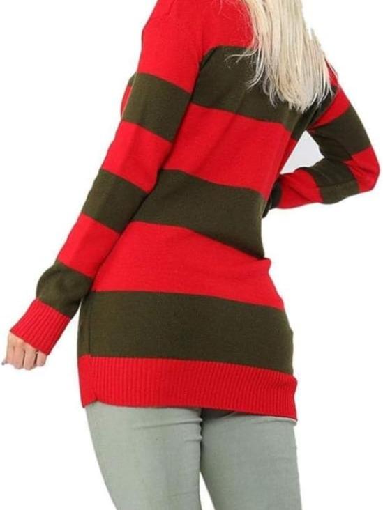 LUXE DIVA Women’s Red Green Stripe Knitted Jumper Ladies Halloween Fancy Dress Sweater Top Girls Long Sleeve Knitted Pullover Winter Sweatshirt