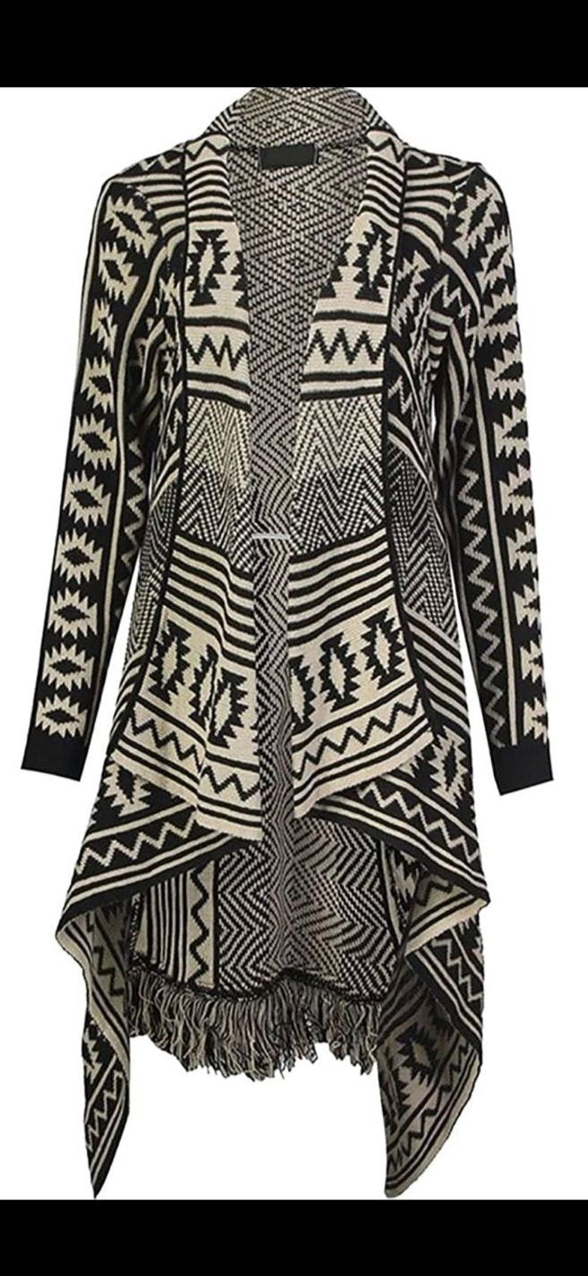 LUXE DIVA Ladies Women Long Sleeves Aztec Print Frill Waterfall Knitted Cardigan 8-16