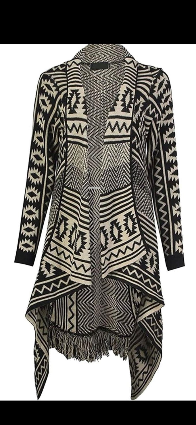 LUXE DIVA Ladies Women Long Sleeves Aztec Print Frill Waterfall Knitted Cardigan 8-16