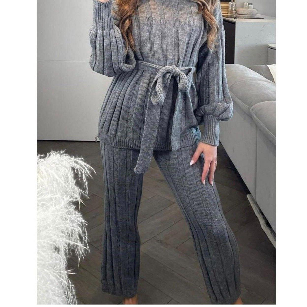 LUXE DIVA Womens Ladies Chunky Knitted High Roll Bottoms Set Loungewear Suit Tracksuit