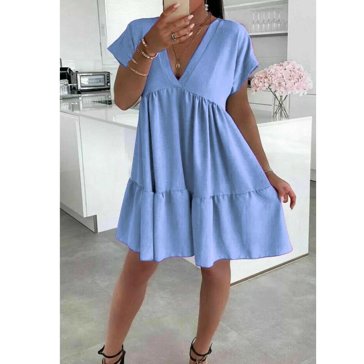 Women's V-Neck Frill Layered Pleated Summer Beach Smock Swing Mini Dress Top New Casual Fabric Short Womenswear Ladies Underwear Lady Casual Wear