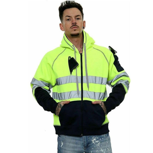 LUXE DIVA Hi Viz Vis High Visibility Jacket 3 Zip 4 Pocket Hoodie Work Zipper Hooded Sweat Shirts