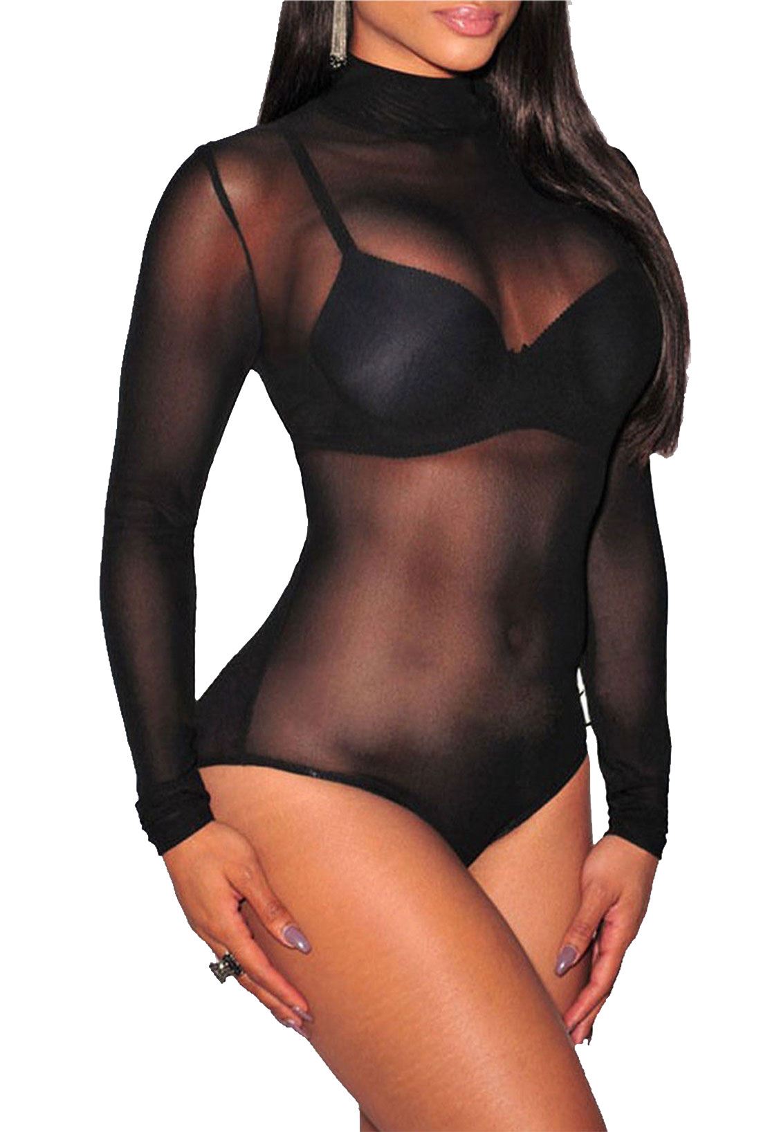 Women's Turtle Neck Mesh Sheer Long Sleeve Leotard Top Ladies Bodysuit