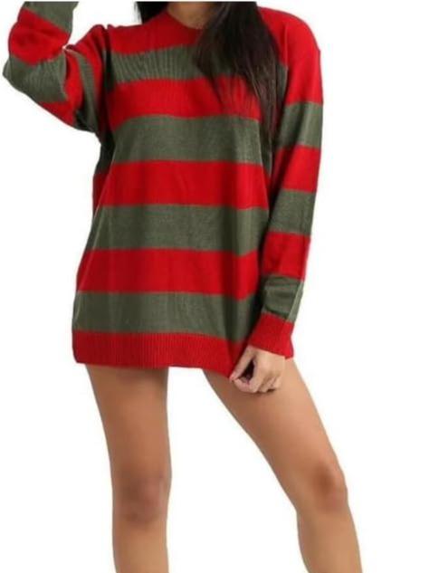 LUXE DIVA Women’s Red Green Stripe Knitted Jumper Ladies Halloween Fancy Dress Sweater Top Girls Long Sleeve Knitted Pullover Winter Sweatshirt