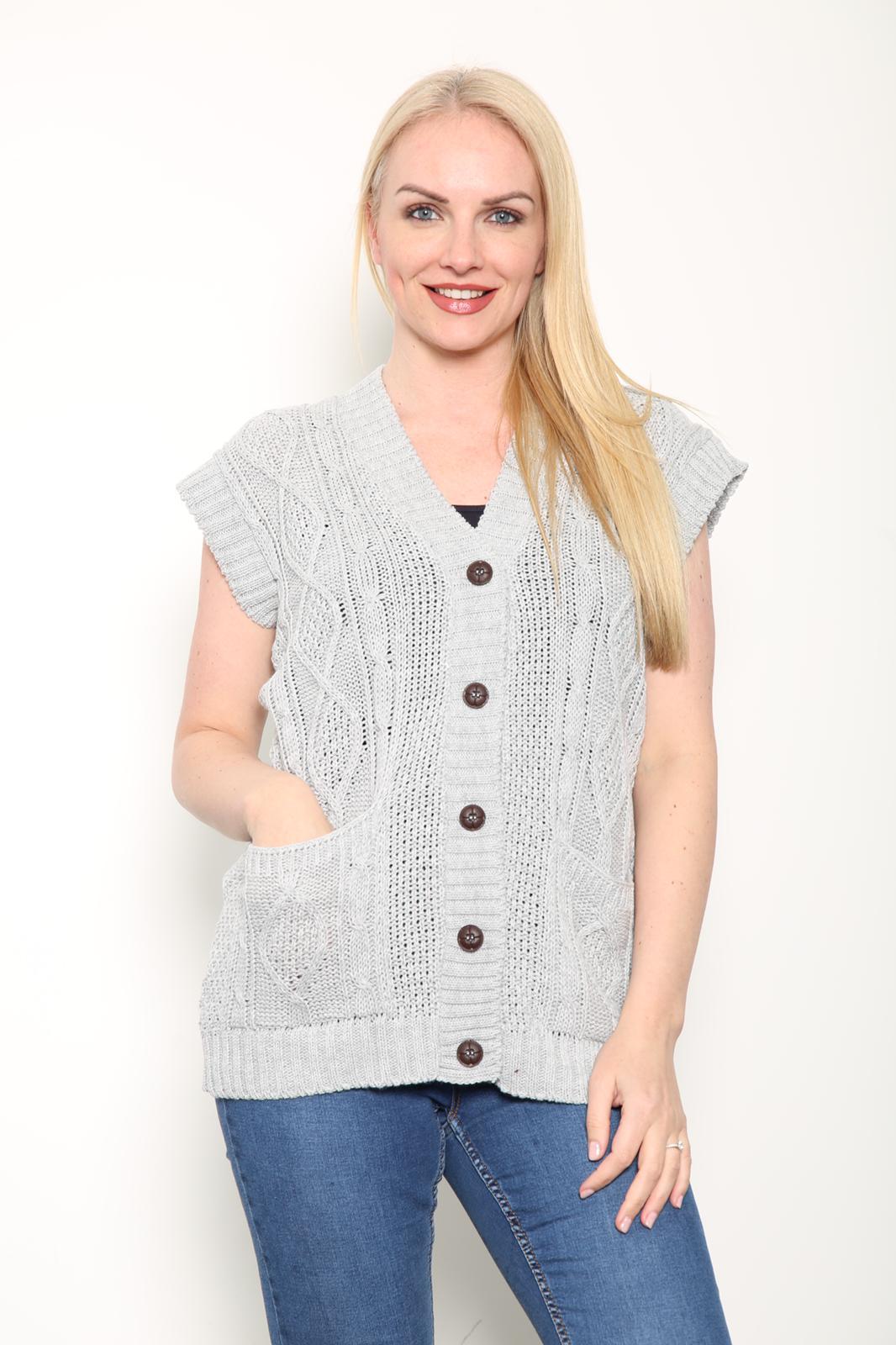 LADIES SLEEVELESS 5 BUTTON WAISTCOAT KNITTED 2 POCKETS V/NECK SELF COLOUR KNITWEAR FRONT PATTERN W/COAT ALL YEAR ROUND WEAR