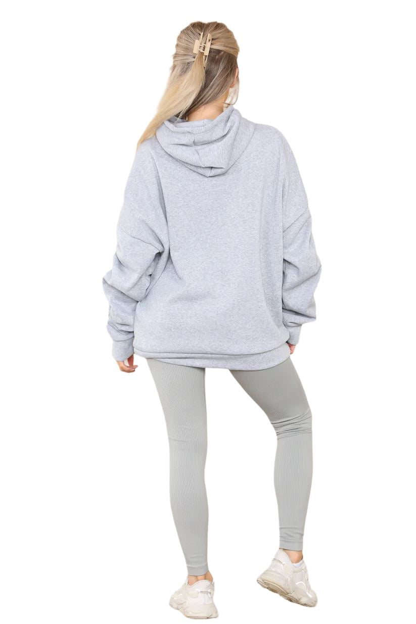 Womens Ladies Ruched Sleeve Fleece Hoodie Oversized Hooded Sweatshirt Jumper Top